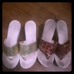 Size 9.5 Reba Wedges (2 pair) gold & leopard
